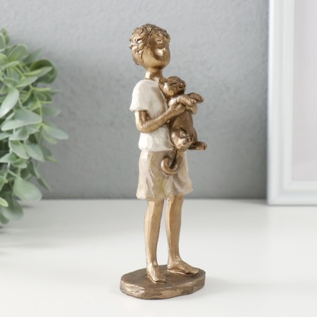 Souvenir Polystone "Boy with a cat" bronze, white and sand 5.5x5x16.5 cm-3