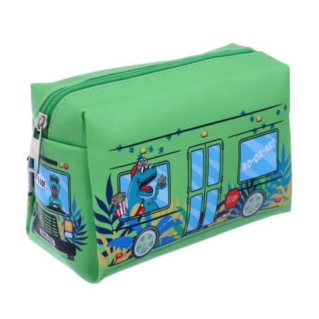 Penal soft, 1 compartment, 100 x 180 x 80 mm, voluminous "bus with dinosaurs" Green-1