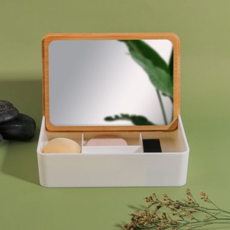 Boxing for storing cosmetic supplies "Bamboo", with a mirror, 4 sections, 18 × 13 × 5 cm, white/brown color-2