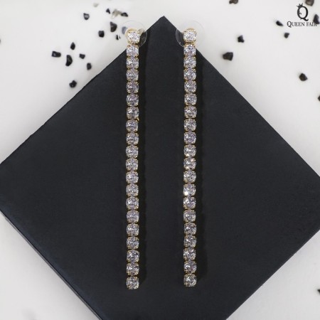 Hanging earrings with the rhinestones “path” minimal, white color in gold, 11 cm-1