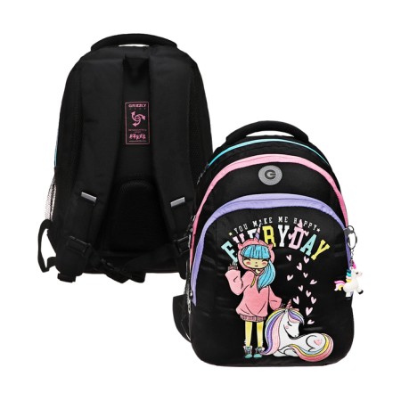 School backpack, 40 x 27 x 20 cm, Grizzly, ergonomic back, laptop department, black