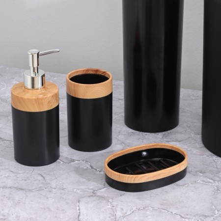 Set for the bathroom, 5 items: a bucket for garbage, a brush with a stand, soap dish, dispenser, glass, black color-1
