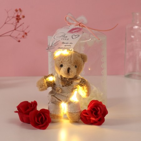 Set gift "Bear in overalls" soap red roses 5 pcs, dew 7x7x12 cm