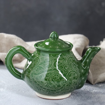 Tea set, Rishtan painting, 9 objects, green: kettle 0.8 l, Piala 0.3 l-1