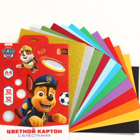 Cardboard color with sparkles, A4, 12 sheets, 12 colors, non -moped, bilateral, in the folder, 250 g/m², puppy patrol-1