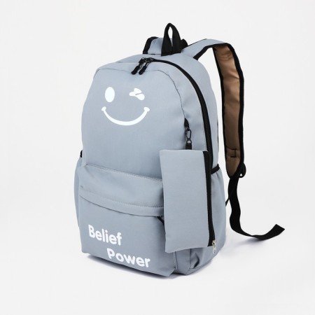 A backpack with a zipper, 3 outer pockets, wallet, gray color
