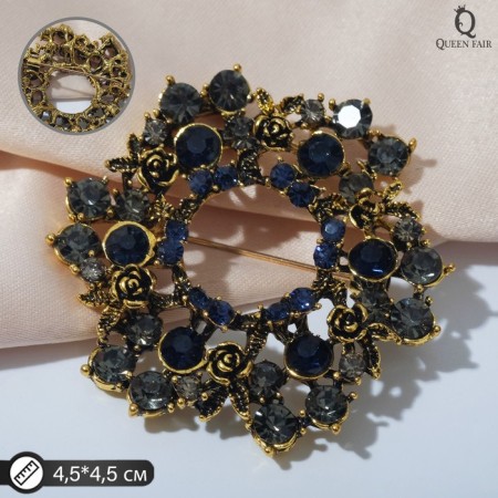 Brooch "Empress" circle with roses, the color is gray-blue in black gold