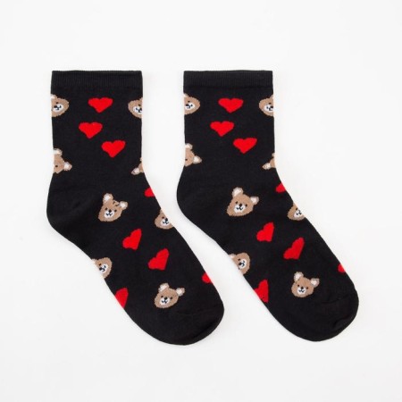 Women's socks "Bears with hearts" Black color, size 23-25