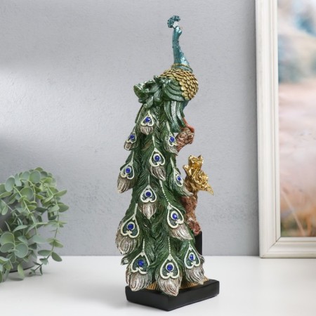 Polystone souvenir "Peacock with green feathers with gold stroke on a branch" 13.5x9x36 cm-1