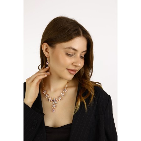 Set 2 objects: earrings, necklace "magnificent eyelids" flowers, pink color in gold, 42 cm-3