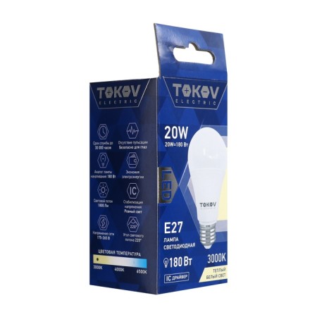 LED LED Tokov Electric, 20 W, A60, 3000 K, E27, 176-264V-1