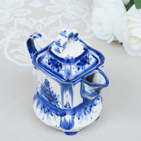 Milk with a cover "Casket", Gzhel, Porcelain, 14x14 cm-1