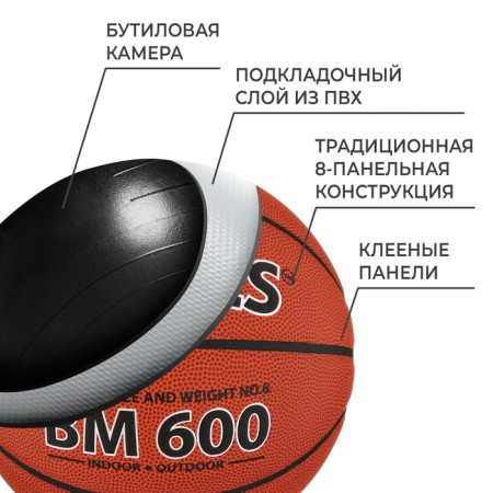 Basketball ball Torres BM600, B10026, PU, ​​glued, 8 panels, p. 6-2
