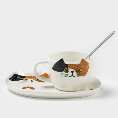 Tea couple ceramic "cat", 3 items: a cup of 200 ml, a saucer 18.5 × 13.5 cm, a spoon