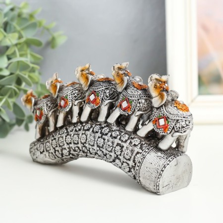 Polystone souvenir "Five elephants on a tusk with flowers" silver 17x4x8 cm-1