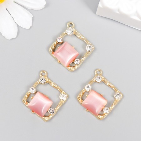 Decor for creativity metal, rhinestones "rhombus with pink agate" 2.6x2.4 cm-2