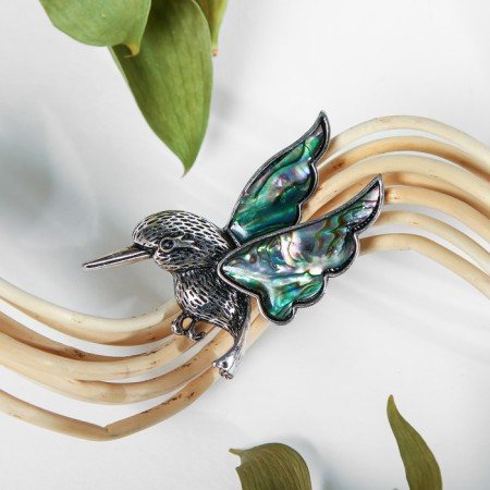 Brooch "Galiotis" hummingbirds, green color in black silver