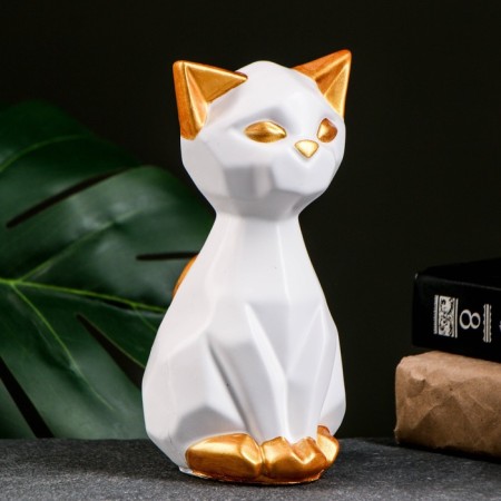 Piggy bank "Geometric cat" white/gold, 19cm