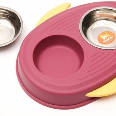 Metal dual bowl on a plastic base 2 x 160 ml, 35 x 23.5 x 5 cm, pink-5