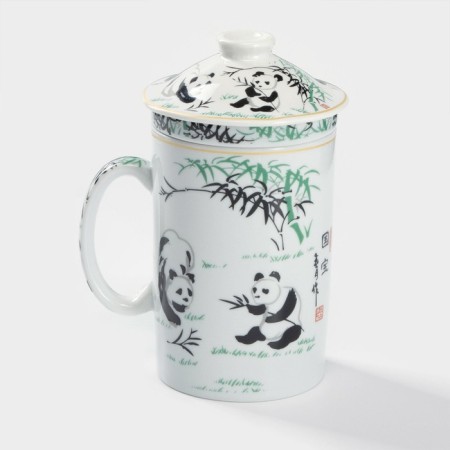 Ceramic mug with a panda lid and sieve, 300 ml, white color