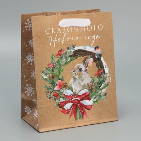 Craft vertical “Hare and Wreath” package, MS 18 x 23 x 10 cm, New Year-1