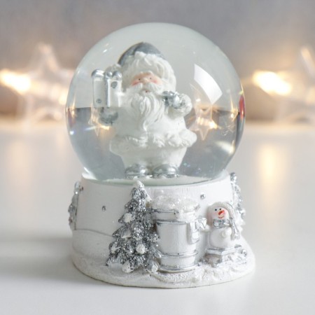 Souvenir Polystone Water Ball "Santa Claus with a gift" White with silver 7x6.7x8.8 cm