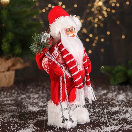 Santa Claus "In a sweater with deer and flashlight" 30 cm, white-red-1