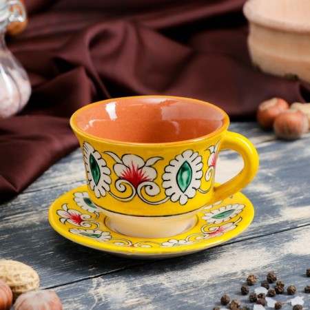 Tea couple Rishtan ceramics "Flowers", 100 ml, (plate 10cm, cup 7.5cm), yellow
