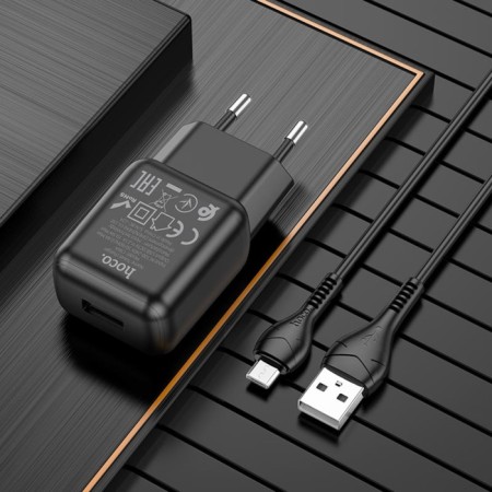 Network charger Hoco C96a, 1 USB, 2.1 A, Micro USB -USB, 1 m, black cable-2