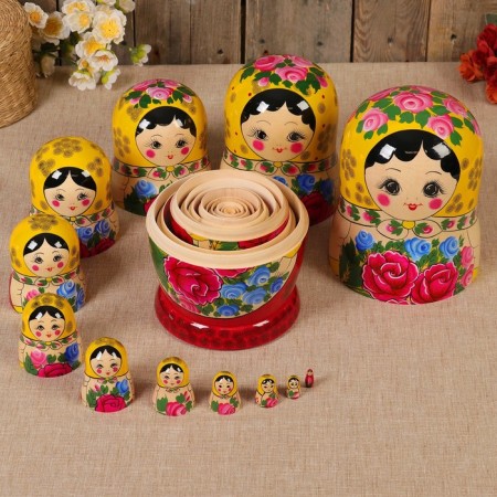 Matryoshka "Semenovskaya", yellow scarf, 12 puppet, higher category-3