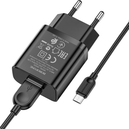Network charger Borofone BA52A, USB, 2.1 A, MicroUSB cable, 1 m, black-1