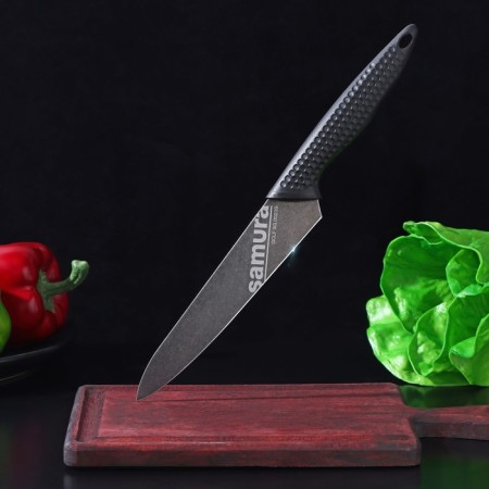 Kitchen knife Samura Golf Stonewash, universal, blade 15.8 cm, black hilt