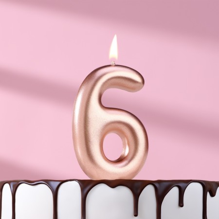 Candle in the Cake "European", number "6", 6 cm, pink gold