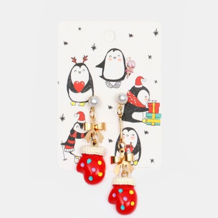Earrings "mittens" hanging, red-white color in gold
