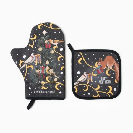 New Year. Set of kitchen Ethel Wonder Christmas mittens 20x28cm, 19x19cm selection, 100%HL-1