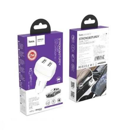 Hoco Z36, 2 USB car charger - 2.4 A, Lightning 1 m, white cable-2