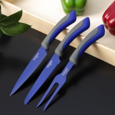 A set of kitchen utensils FADED, 3 objects: 2 knives, fork for meat, blue color