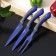 A set of kitchen utensils FADED, 3 objects: 2 knives, fork for meat, blue color