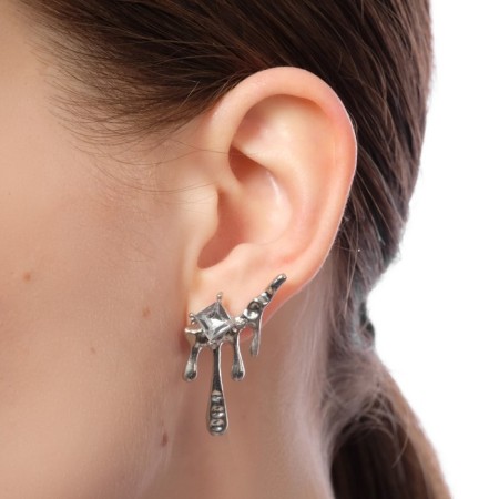 Earrings with rhinestones "melting" rhombus, white color in silver-3