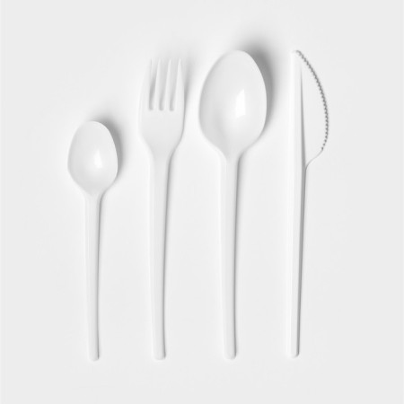 A set of plastic disposable tablespoons, 4 objects: fork, tablespoon, knife, teaspoon, 16.5 cm, white color