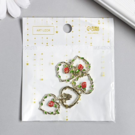 Decor for creativity metal, enamel "Heart with red rose" gold 2x2 cm-2