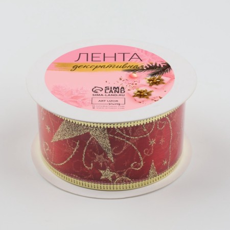 Kapron tape with metal thread “Stars and Binding”, 38 mm × 2.7 ± 0.5 m, red/gold color-1