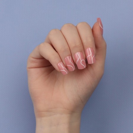 Lines patch nails, 24 pcs, with adhesive plates, soft square shape, pale pink color-14
