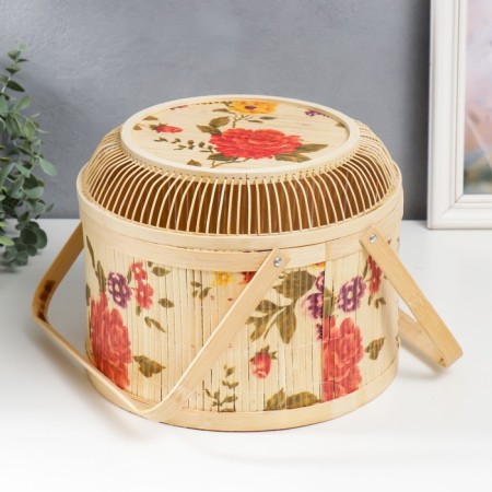 Bamboo box "Garden with peonies" openwork, with handles 19x26x26 cm-1