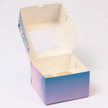 New Year. Box for 4 cupcake with the window "Winter village", 16 x 16 x 10 cm, packaging-3
