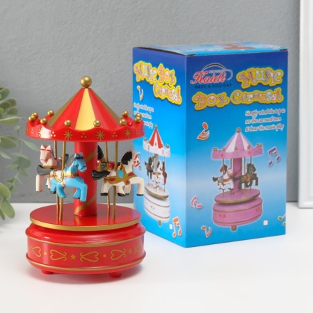 Souvenir Plastic Mechanical "Carousel - Horses" Red 10.5x10.5x17.5 cm-4