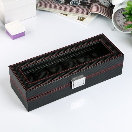 The casket to the leatherette to the clock 6 "Carbon with a red line" 8x33x12 cm