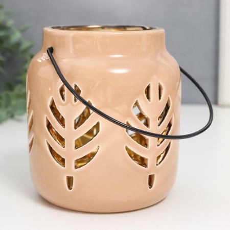 Ceramics candlestick for 1 candle "Lantern. Leaves" inside gold Mix 11.5x9.5x9.5 cm-5