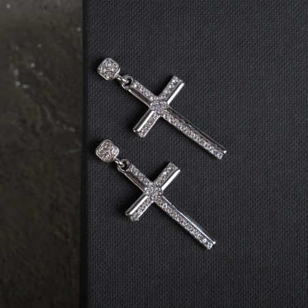 Earrings with rhinestones "crosses" stripes, white color in silver-1