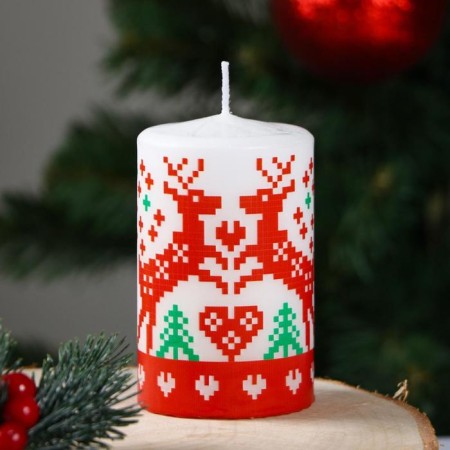 New Year's Candle-Cylinder "Scandinavian patterns. Olenenok", 6x10 cm, 30 hours, 227 g